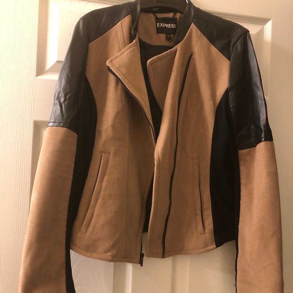 Express tan and vegan black Moto jacket